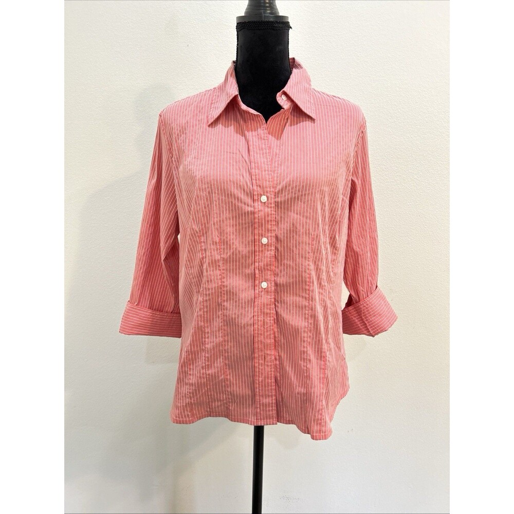 Talbots size L stretch Top 3/4 sleeves Button Up Pink/Coral With White Pin Strip